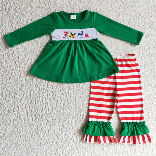 Baby girls long sleeve embroidery reindeer tunic top ruffle pants 2pcs outfit