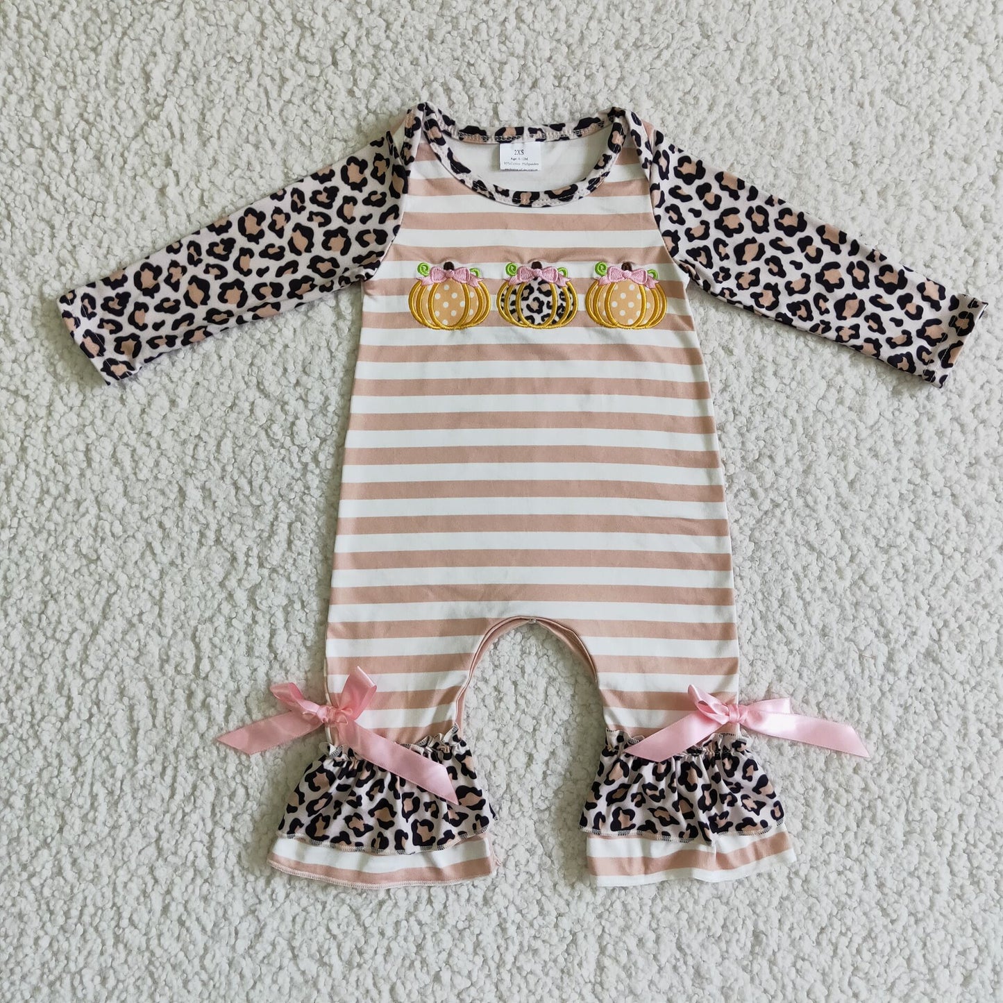 three pumpkin leopard sleeve fall romper