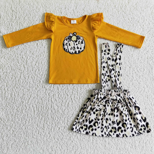 long sleeve pumpkin top leopard overall skirt 2pcs outfit