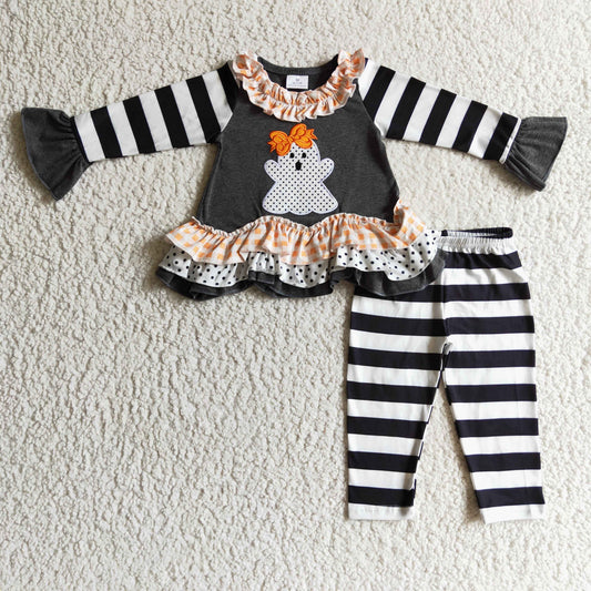 girls long sleeve ghost tunic top black stripes leggings Halloween outfit