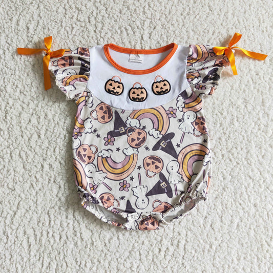 girls rainbow pumpkin Halloween romper