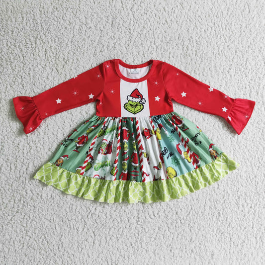 baby girls long sleeve green print Christmas dress