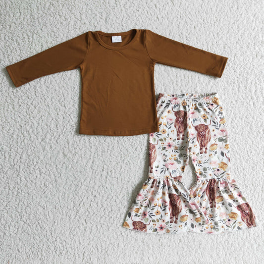 girls long sleeve brown top highland cow bell pants outfit