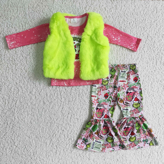 Girls green vest Christmas outfit 3pcs