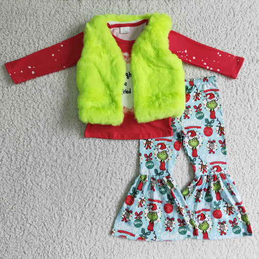 Girls green vest Christmas outfit 3pcs