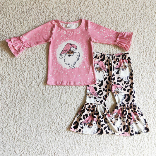 girls pink long sleeve santa claus top leopard  pants outfit