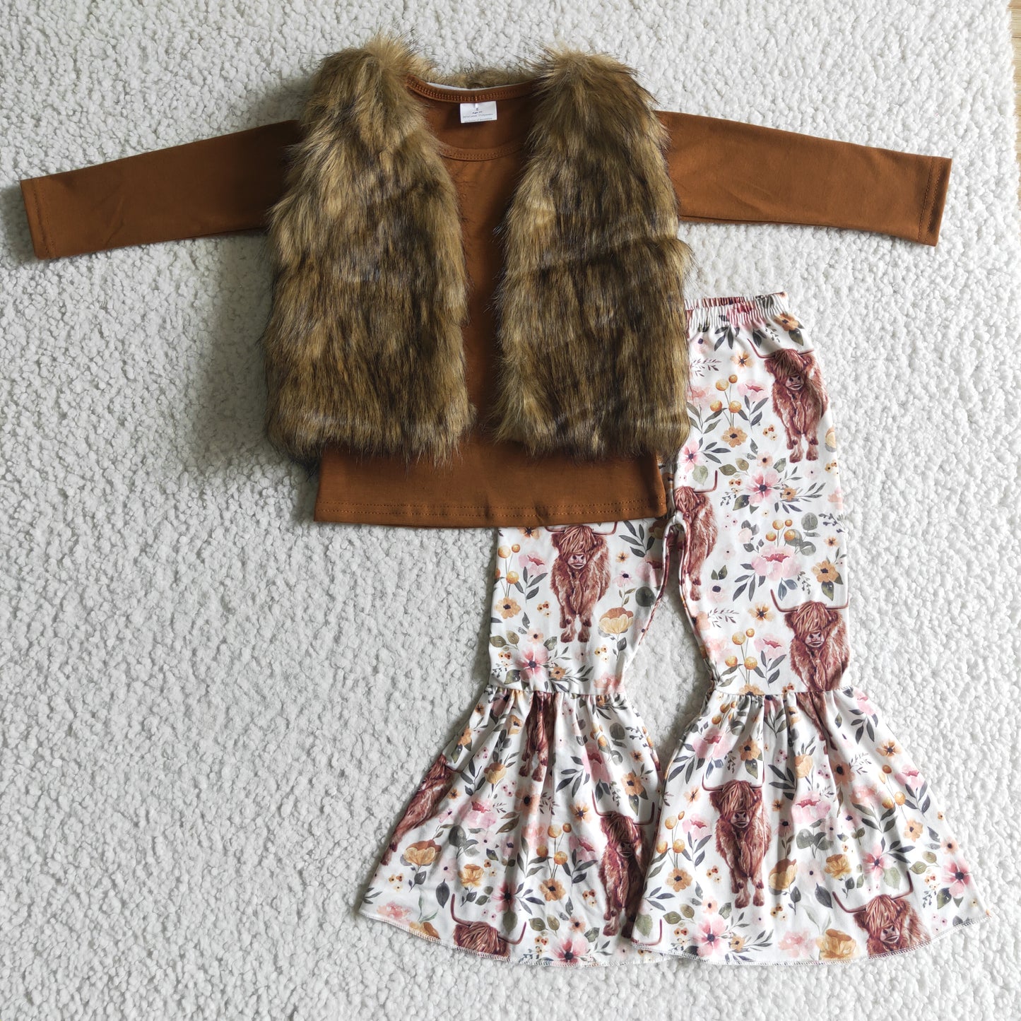 Girls brown vest  highland cow 3pcs outfit