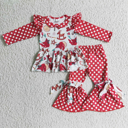 girls  long sleeve Christmas print red dots outfit