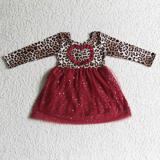 girls leopard heart print long sleeve tulle dress