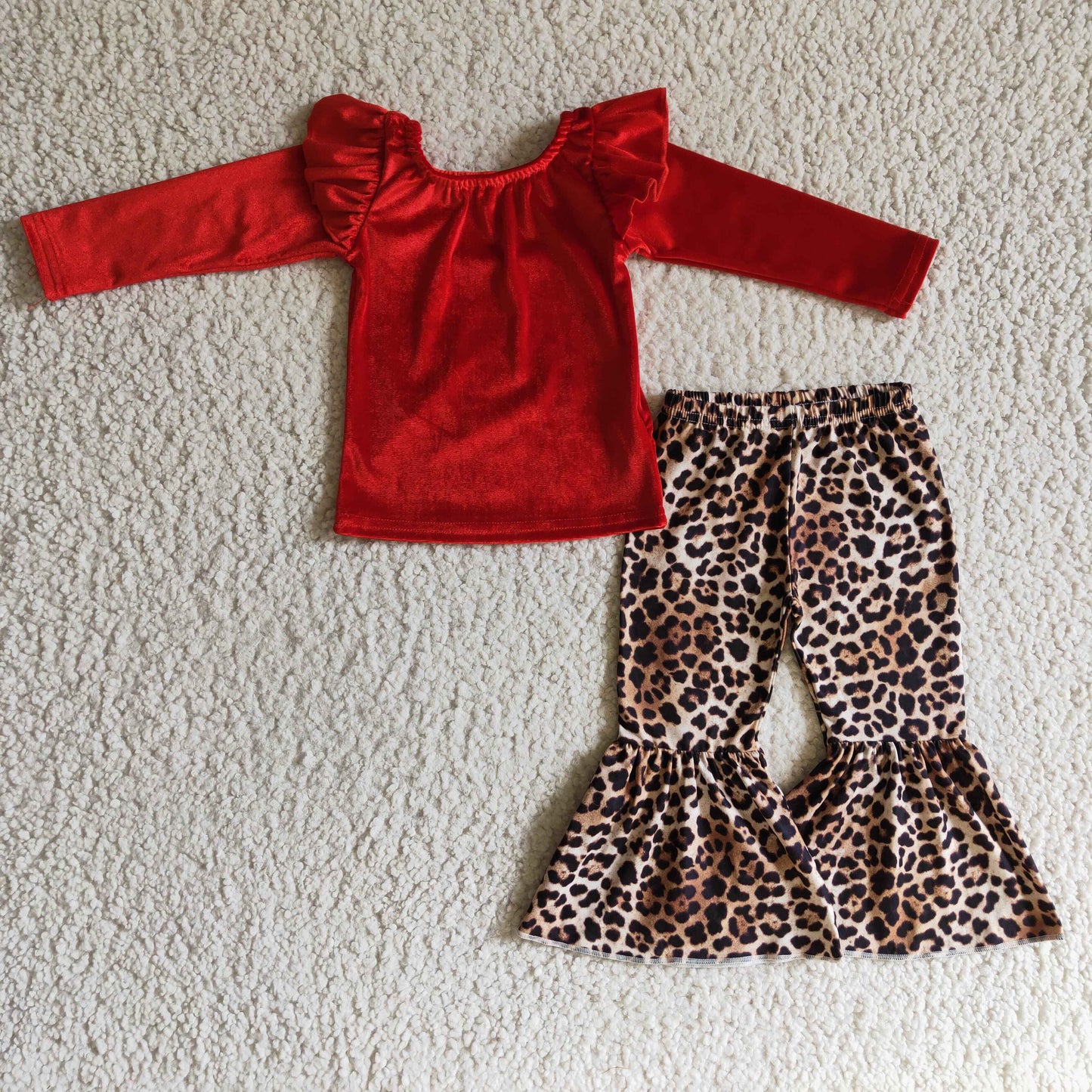 girls wine red velvet top leopard pants outfit