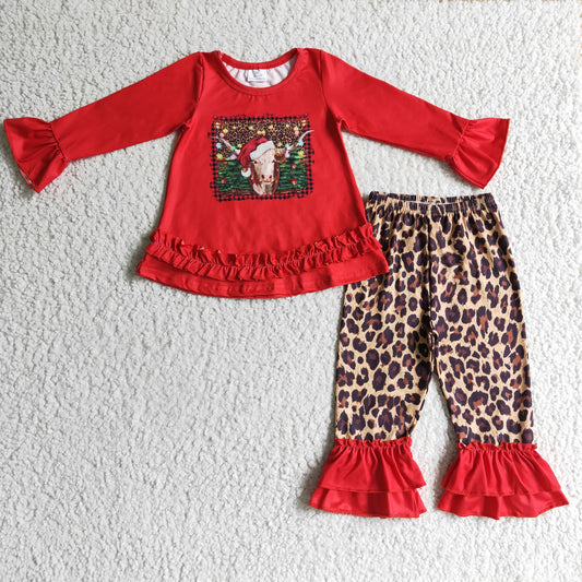 Xmas cow red top leopard pants outfit