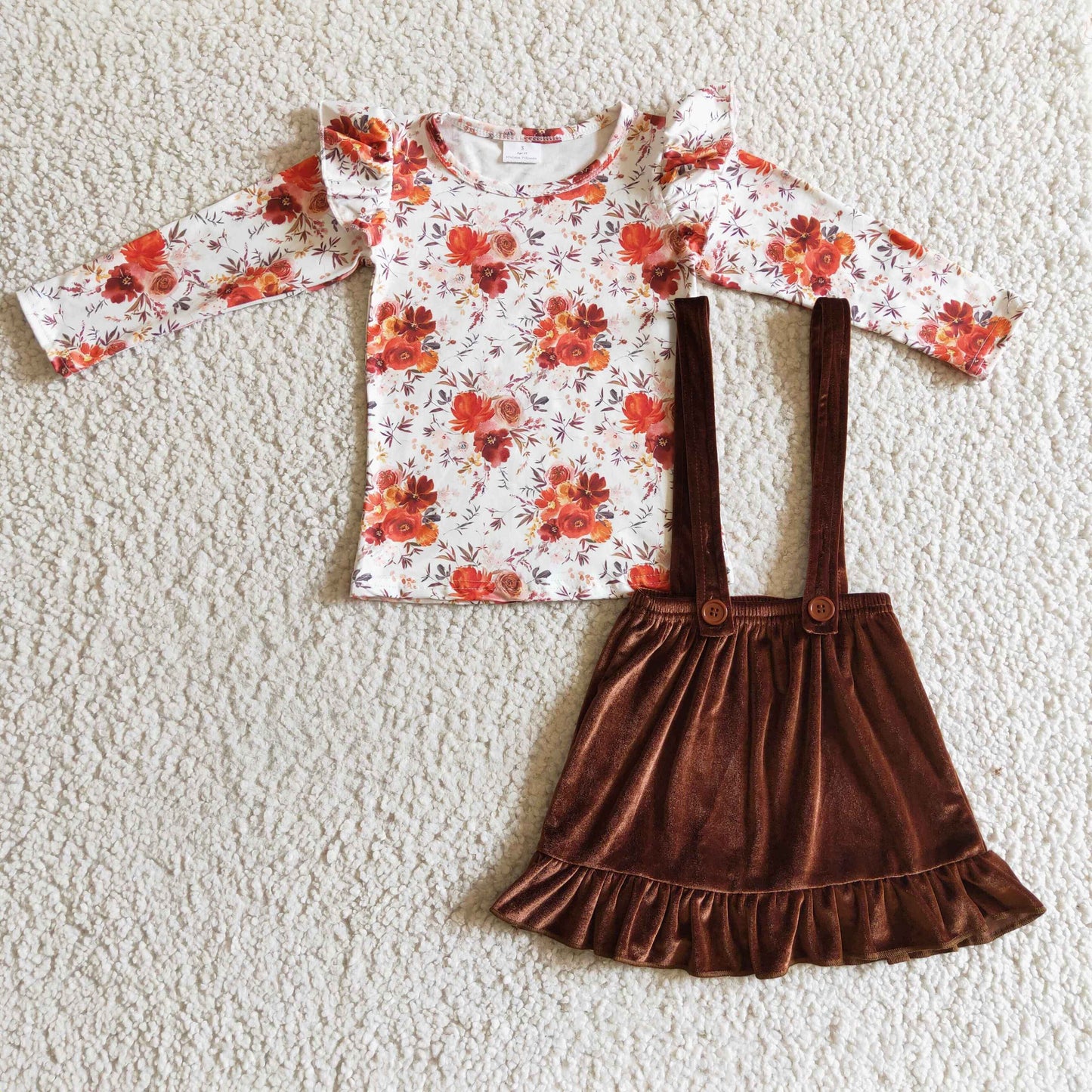 girls long sleeve  floral top brown velvet skirt outfit , GLD0141