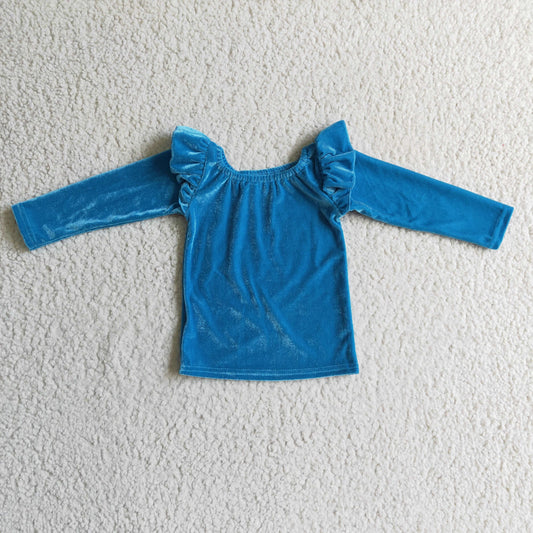 girls turquoise long sleeve velvet top,GT0064