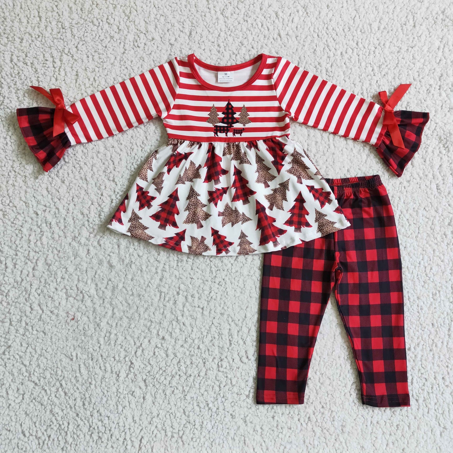 Infant toddle girls long sleeve Christmas tree tunic top plaid leggings 2pcs outfit, GLP0084