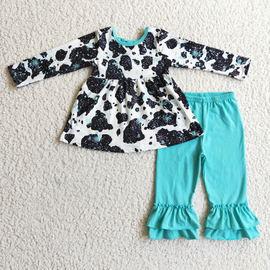 girls long sleeve cow tunic top ruffle pants fall outfit,GLP0305