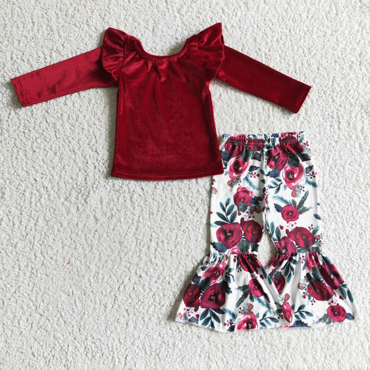 girls red long sleeve velvet top floral pants outfit, GLP0361