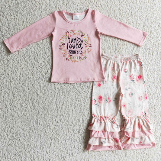 girls pink top floral pants 2pcs outfit,GLP0336