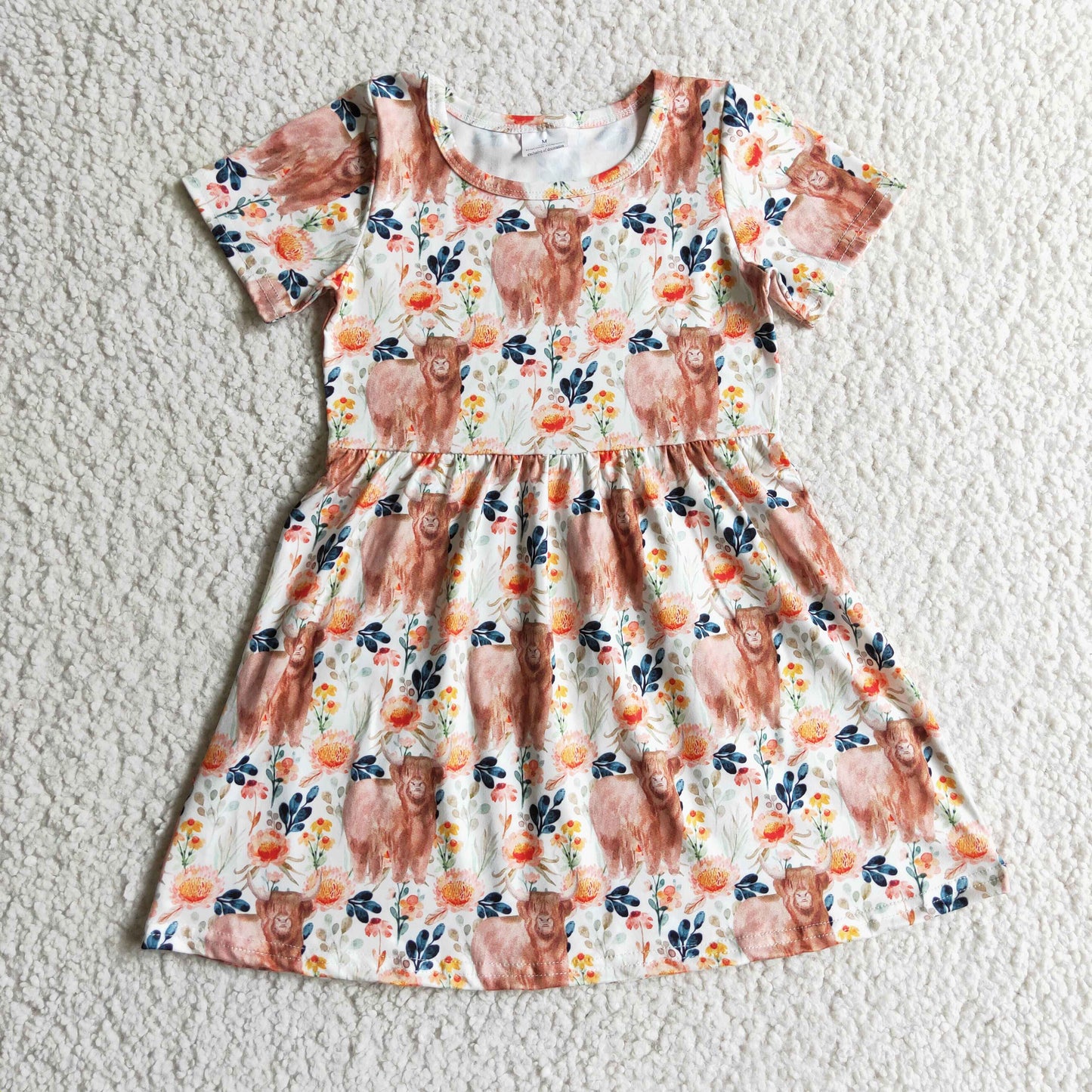 girls short sleeve floral highland cow dress, GSD0154