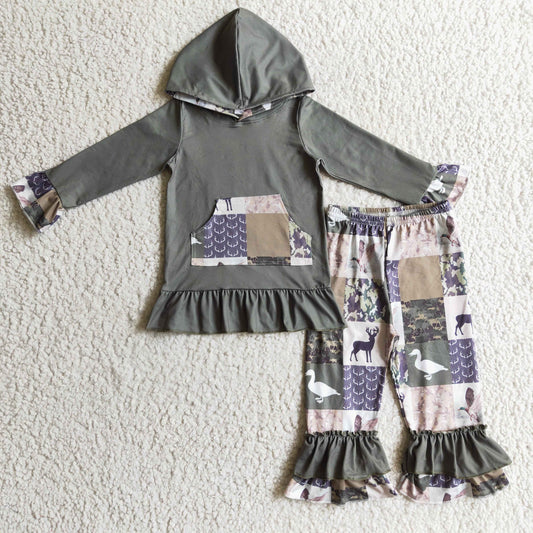 girl long sleeve reindeer design hoodie set, GLP0319