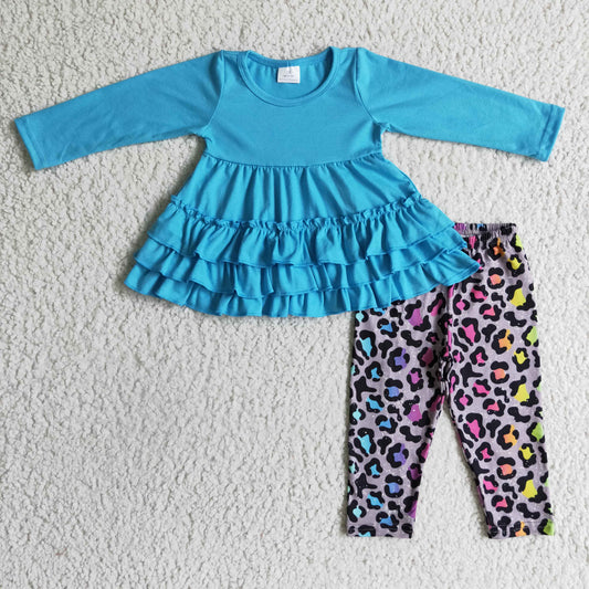 blue long sleeve tunic top leopard leggings outfit,GLP0333