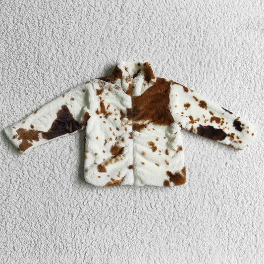 Baby girls brown cow print long sleeve faux fur jacket  6 A30-21-2