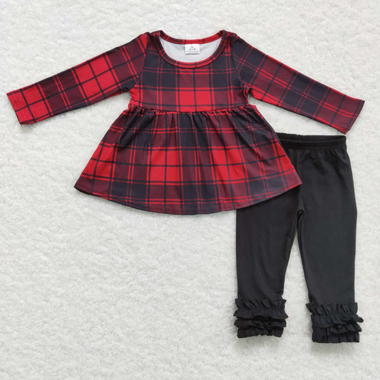 girls long sleeve red plaid tunic top black ruffle pants outfit, GLP0330