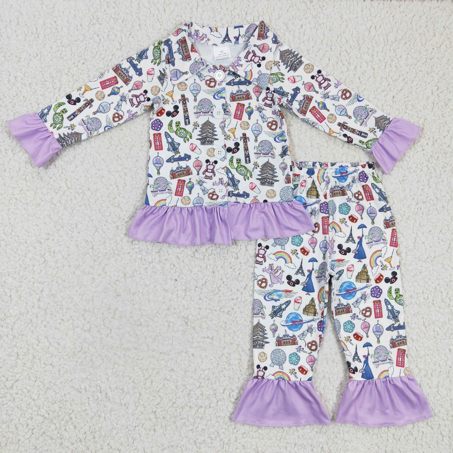 Girls lavender ruffle cartoon button up pajama set, GLP0357