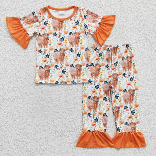 Girls floral highland cow short sleeve outfit,GSPO0222