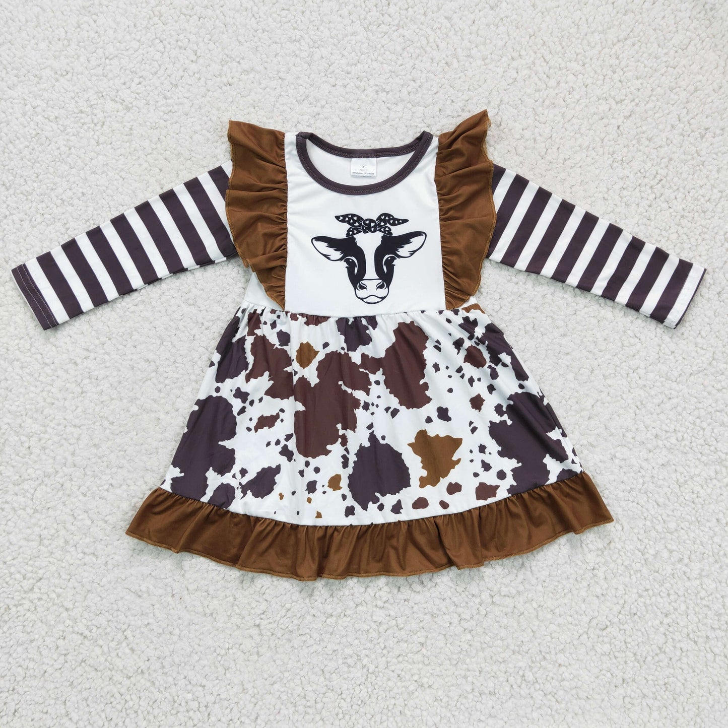 girls long sleeve cow print ruffle dress, GLD0126