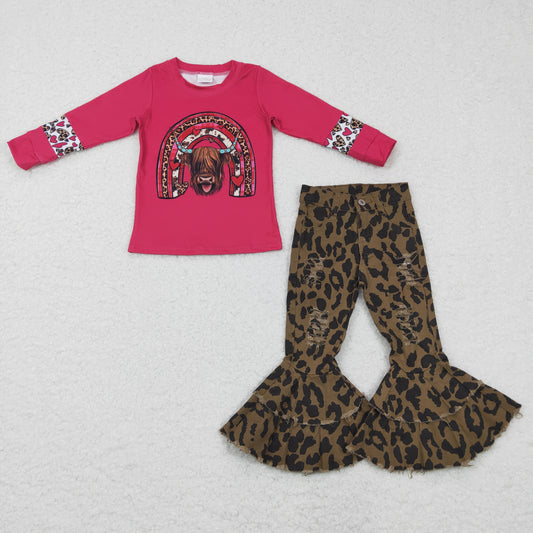 girls highland cow long sleeve  top  ruffle leopard denim pants set