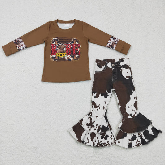 girls brown cow long sleeve  top  ruffle cow  denim pants