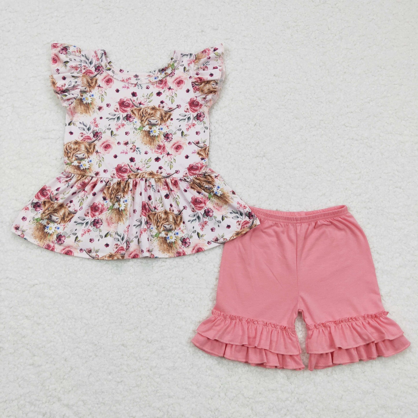 Kids highland cow floral summer short set, GSSO0133