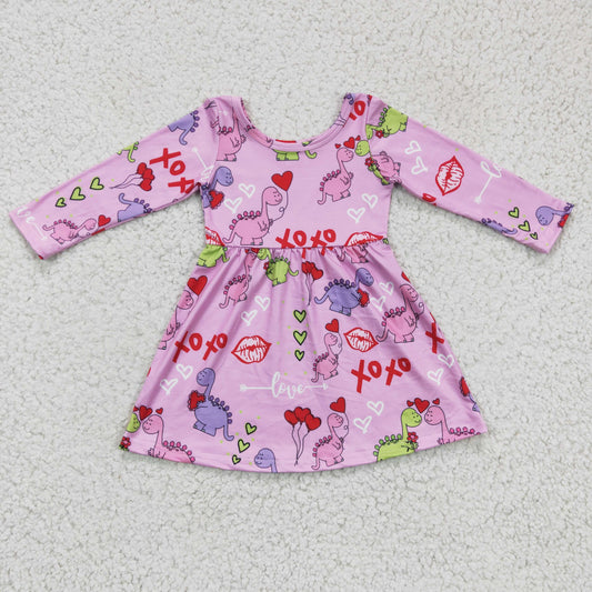 kids girls long sleeve dinosaur print Valentines dress,GLD0169