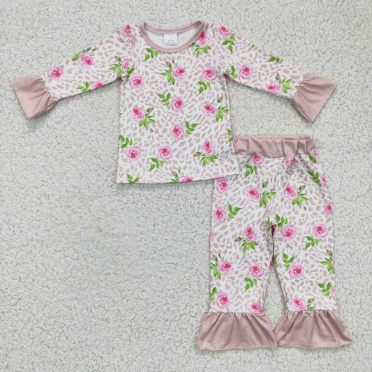 girls long sleeve leopard floral pajama set,GLP0367