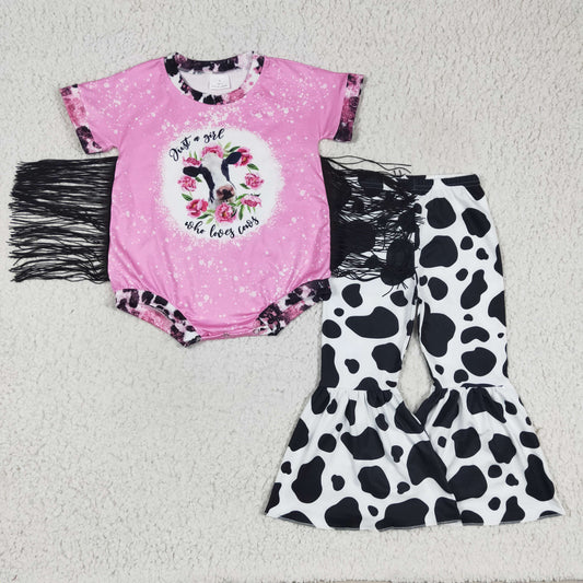 kids floral cow tassel romper cow print pants set