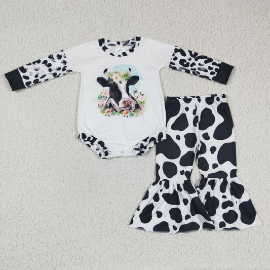 kids floral cow romper cow print pants set