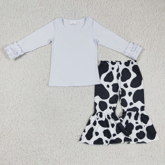 girls white long sleeve cotton top cow pants set