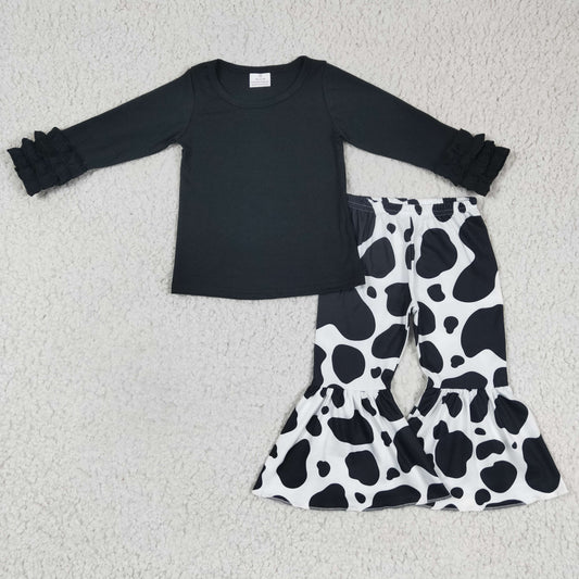 girls black long sleeve cotton top cow pants set