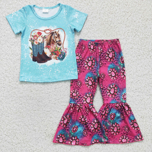 girls short sleeve horse top turquoise pants 2pcs outfit, GSPO0312