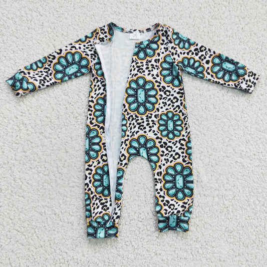 baby girls LONG sleeve turquoise leopard romper, LR0254,