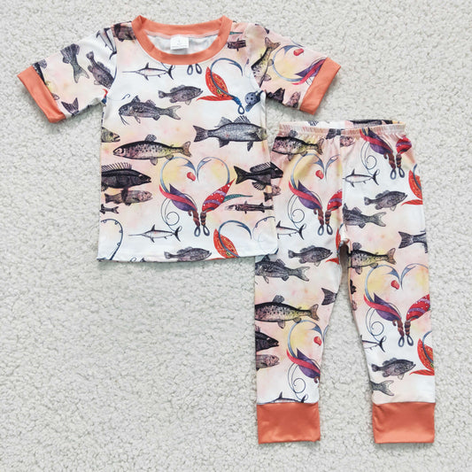 boy short sleeve fishing print pajama set ,BSPO0041