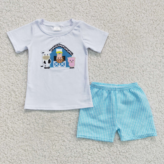 Boys embroidery design farm summer short set， B18-12