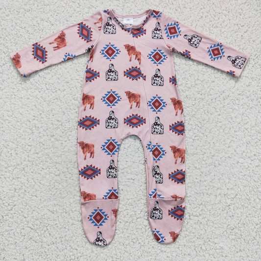 highland cow print footie romper