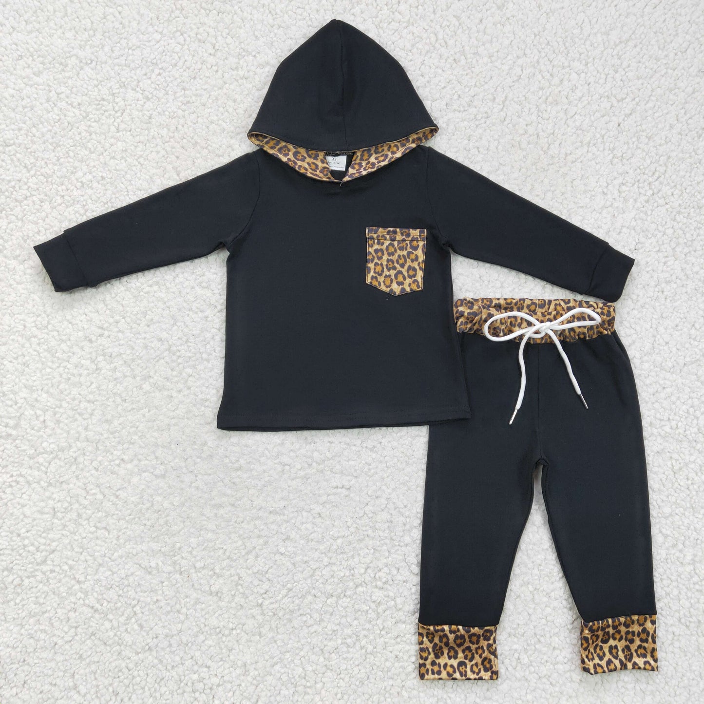 boys solid black leopard hoodie set