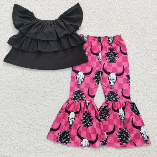 girls black top cow print bell pants outfit , GSPO0314