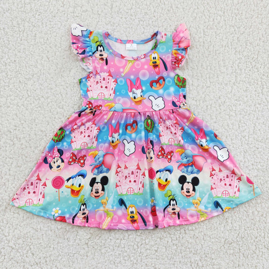 baby girls cartoon castle flutter sleeve dress, AA-12