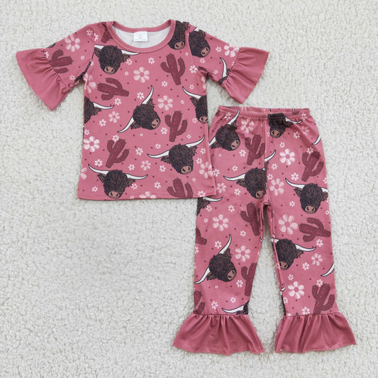 girls short sleeve highland cow flower pajama set GSPO0326