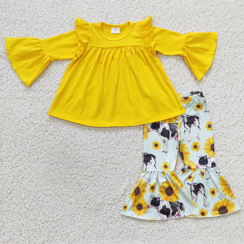 girls long sleeve yellow top cow sunflower pants outfit,GLP0374