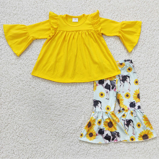 girls long sleeve yellow top cow sunflower pants outfit,GLP0374