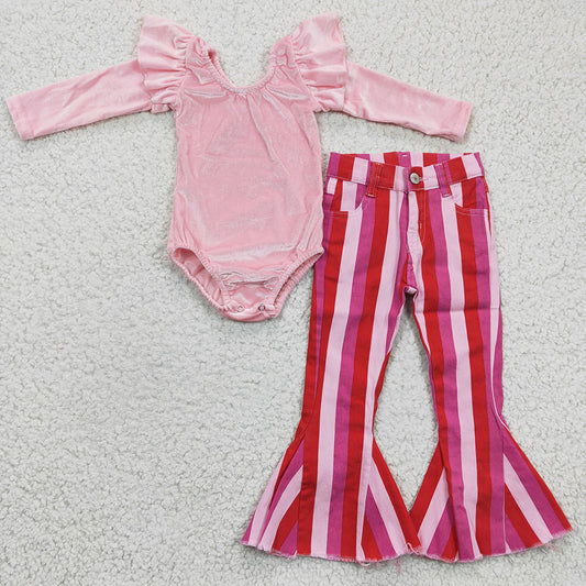 girls  long sleeve velvet top  hot pink stripes  denim pants set,GLP0420